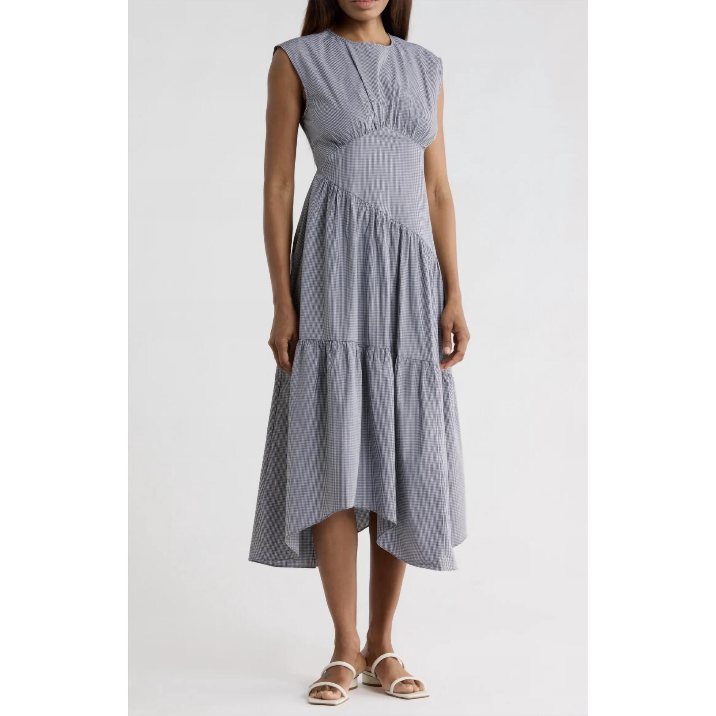 New Frame Check Gathered Dress In Navy Multi